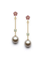Interchangeable earrings in 18-carat yellow gold, set with rubies and 	sapphires, adorned with French Polynesia pearls